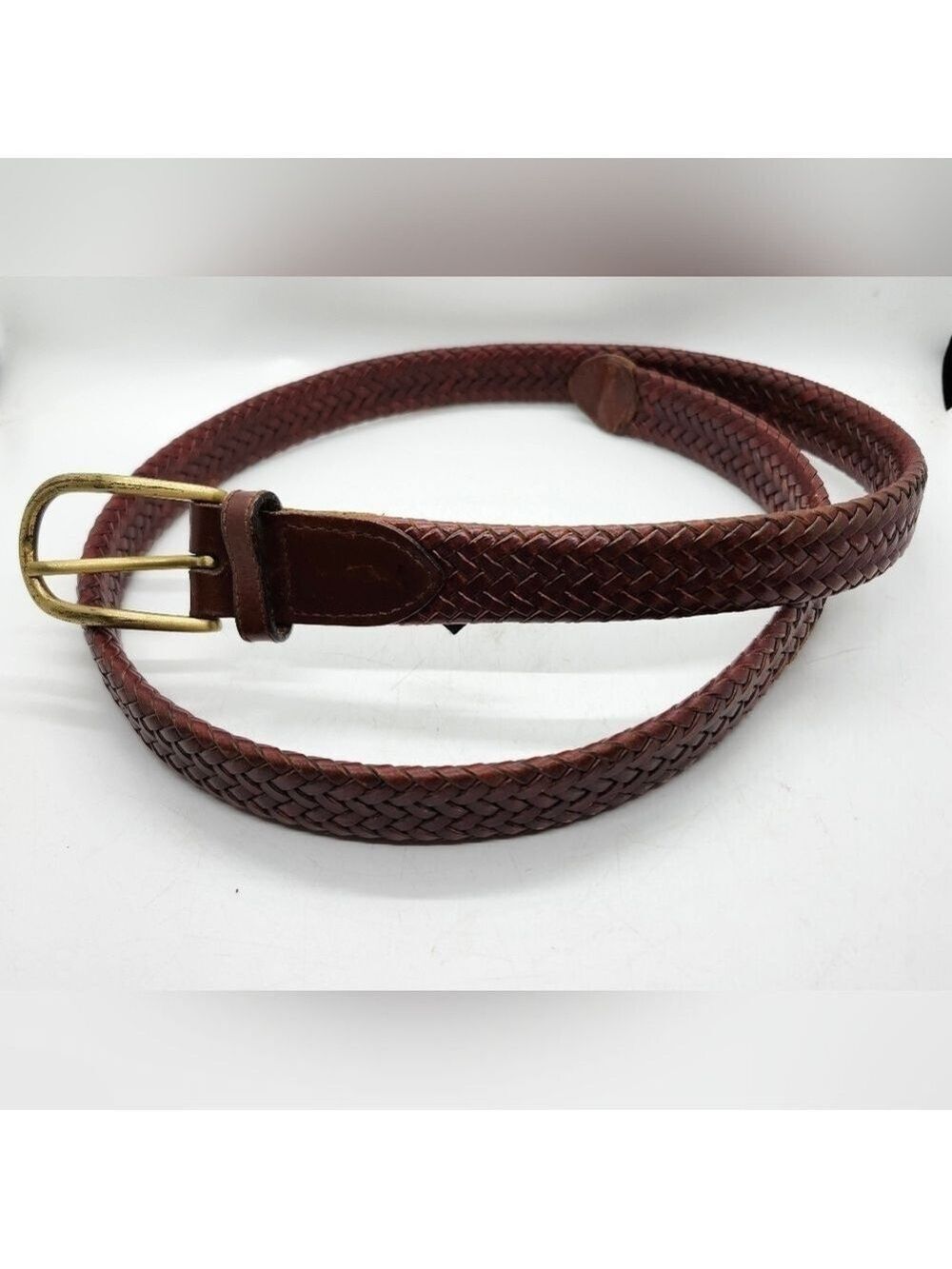 Perry Ellis  Brown Woven Leather Belt Brass Buckel Sz 34 Unisex